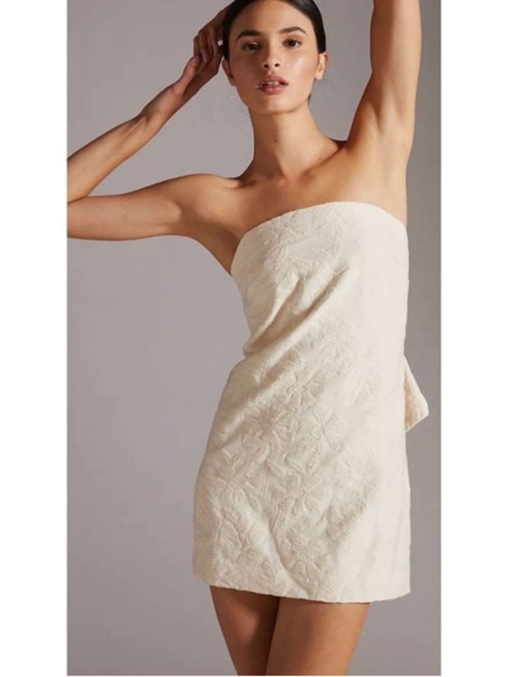 Anthropologie Strapless Embroidered Mini Dress in Ivory with a bow